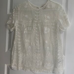 Lace top, M, scalloped hem, back button detail.